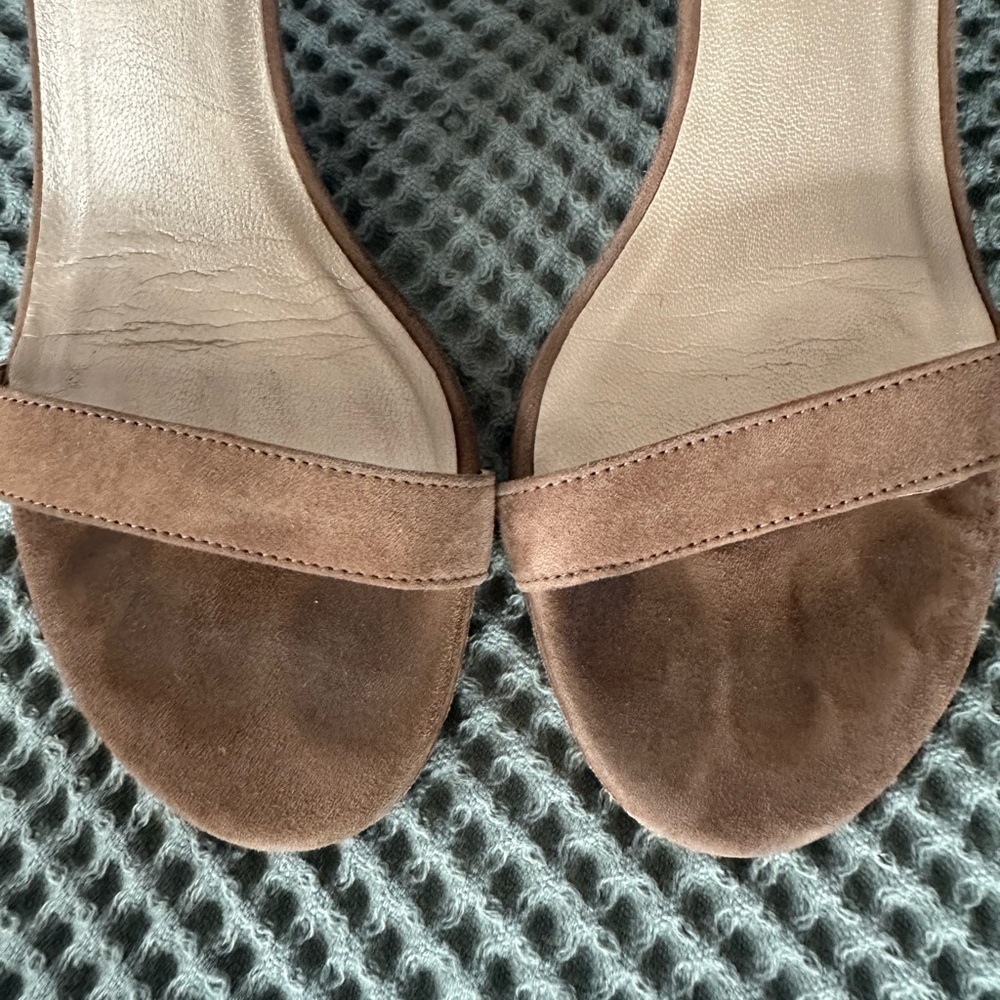 Stuart Weitzman Brown/Tan Suede Open-Toe Ankle-Strap Heels - Picture 6 of 11
